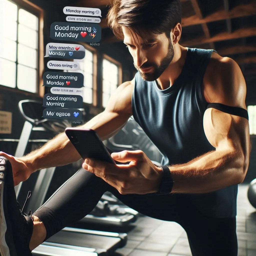A person in their home gym receives motivating messages on their phone, spurring them on for their morning workout.