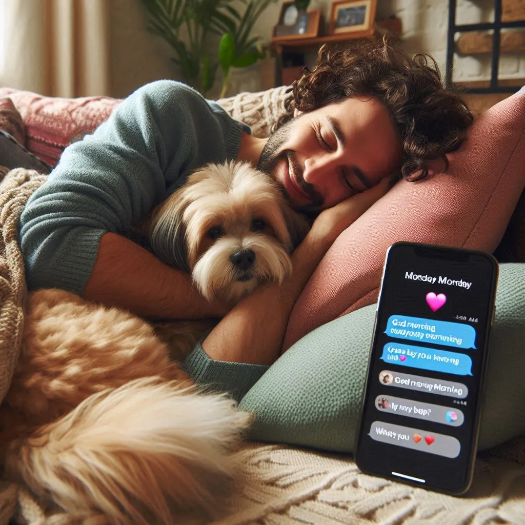 A person cuddles with their furry companion on a cozy couch, surrounded by plush pillows and soft blankets, with their phone displaying messages filled with good morning and happy Monday images from loved ones.