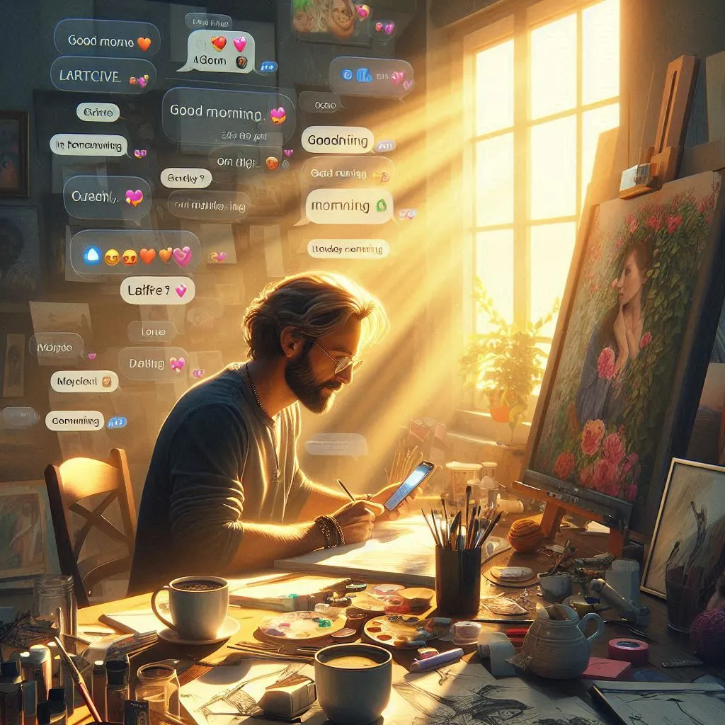 A person sits at a sunlit desk surrounded by artwork and art supplies, with their phone displaying a heartwarming good morning Monday photo from loved ones.