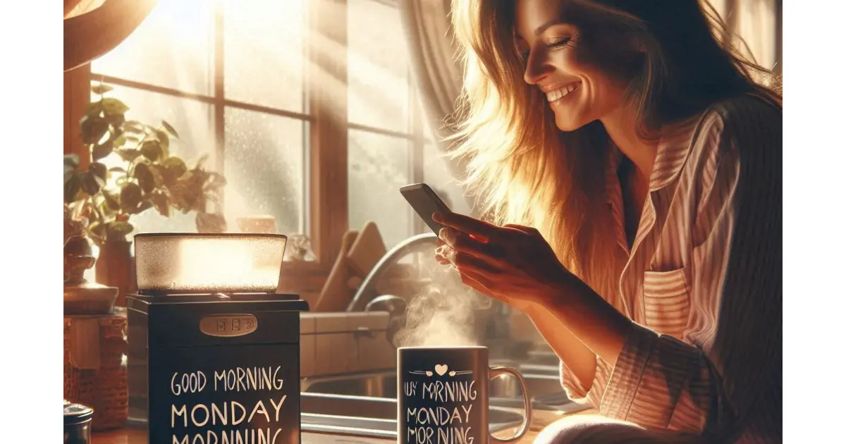 A person in pajamas smiles at their phone, surrounded by a cozy kitchen scene with sunlight streaming through sheer curtains and a coffee mug. Messages from friends, relatives, and a crush wish 'good morning Monday morning.