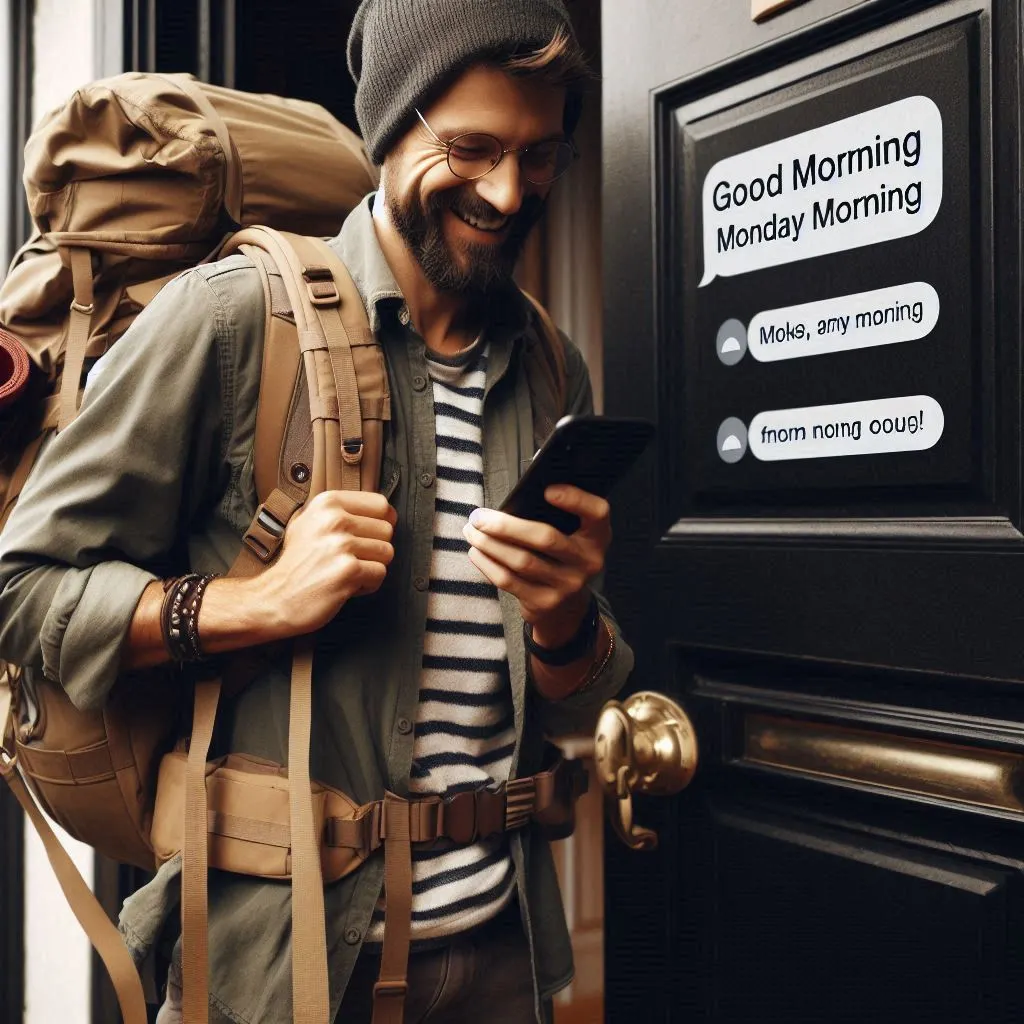 A person dressed in hiking gear stands at the doorstep, backpack ready, with their phone buzzing with messages filled with good morning Monday quotes and images from loved ones.