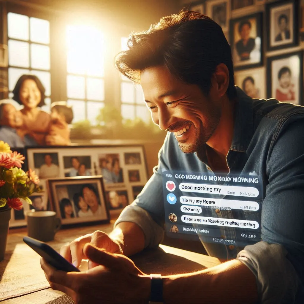 A person sits in a sunlit living room surrounded by family photos and cherished mementos, smiling at their phone displaying messages wishing 'good Monday morning.'