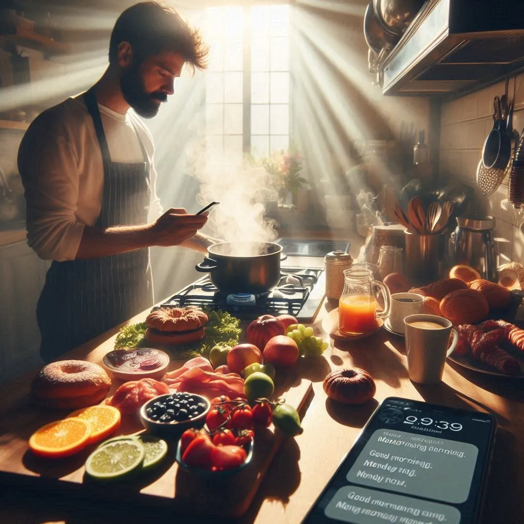A person prepares a gourmet breakfast spread in a sunlit kitchen, with their phone displaying happy Monday good morning images from loved ones.