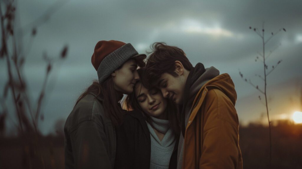 friends standing in field and giving sympaty to each other